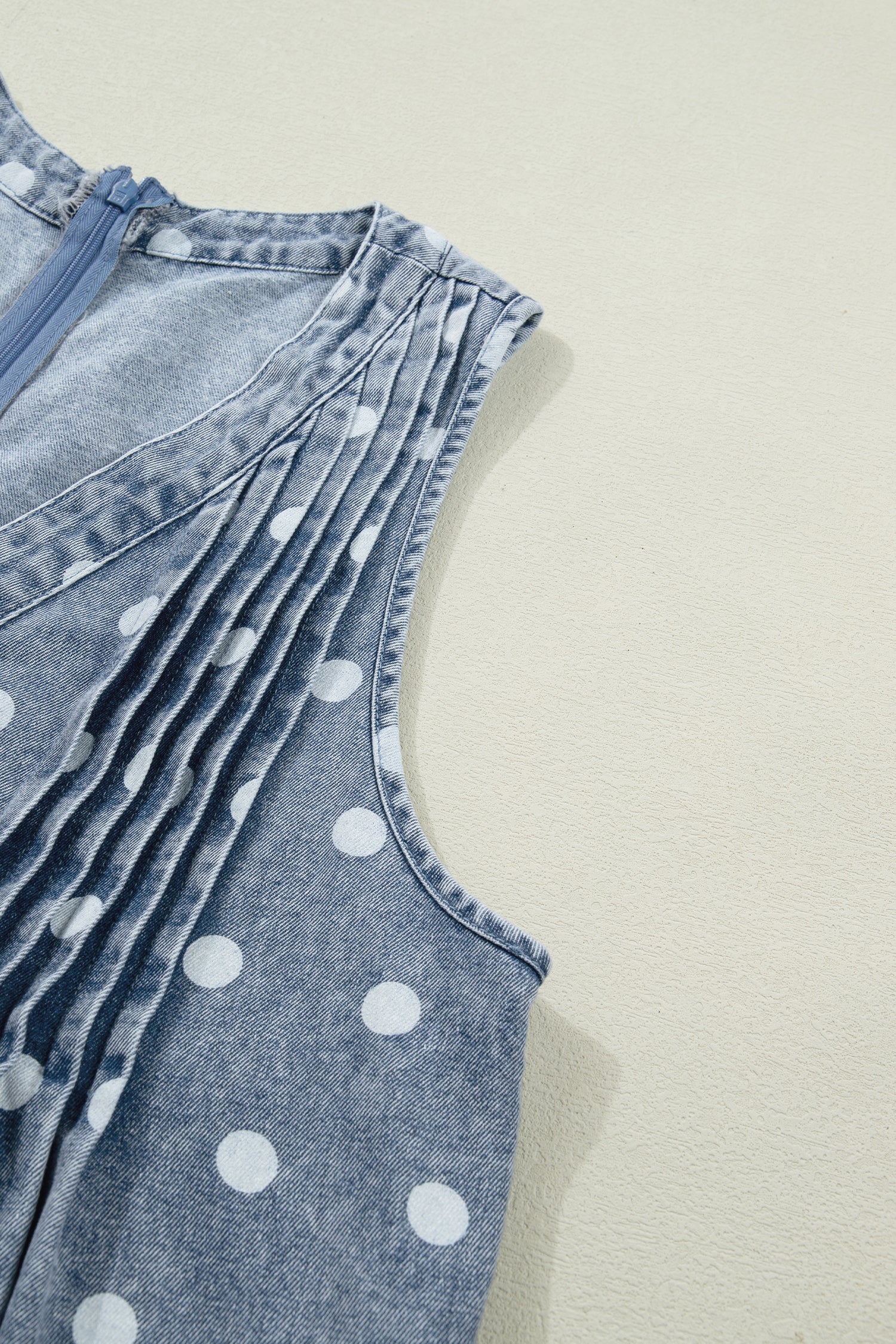 Women's Sky Blue Polka Dot Denim Romper | Tie V-Neck Pleated Loose Playsuit at LivelyLooks