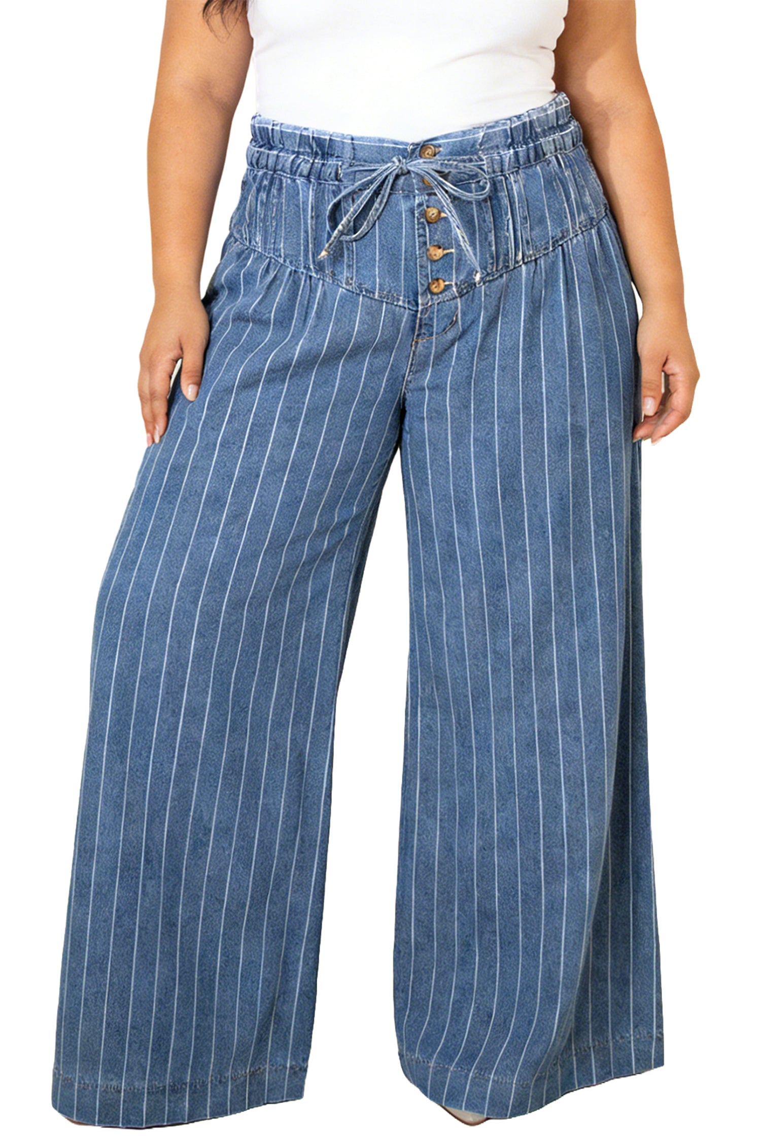 Sky Blue Stripe Plus Size Wide Leg Denim Trousers Button Front Drawstring 1X-4X