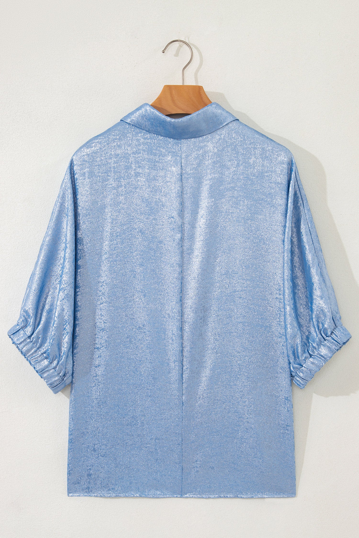 Women's Aqua Metallic Shimmer Collared V Neck Half Sleeve Top at LivelyLooks