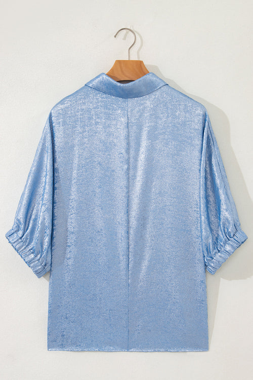 Women's Aqua Metallic Shimmer Collared V Neck Half Sleeve Top at LivelyLooks