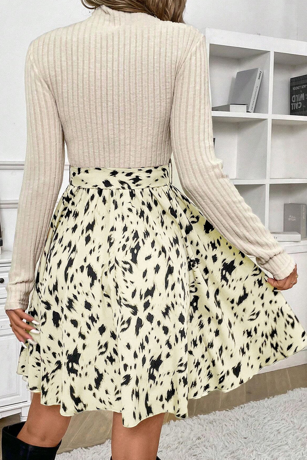 Women's Black Ribbed Knit Patchwork Printed Belted A-line Dress at LivelyLooks
