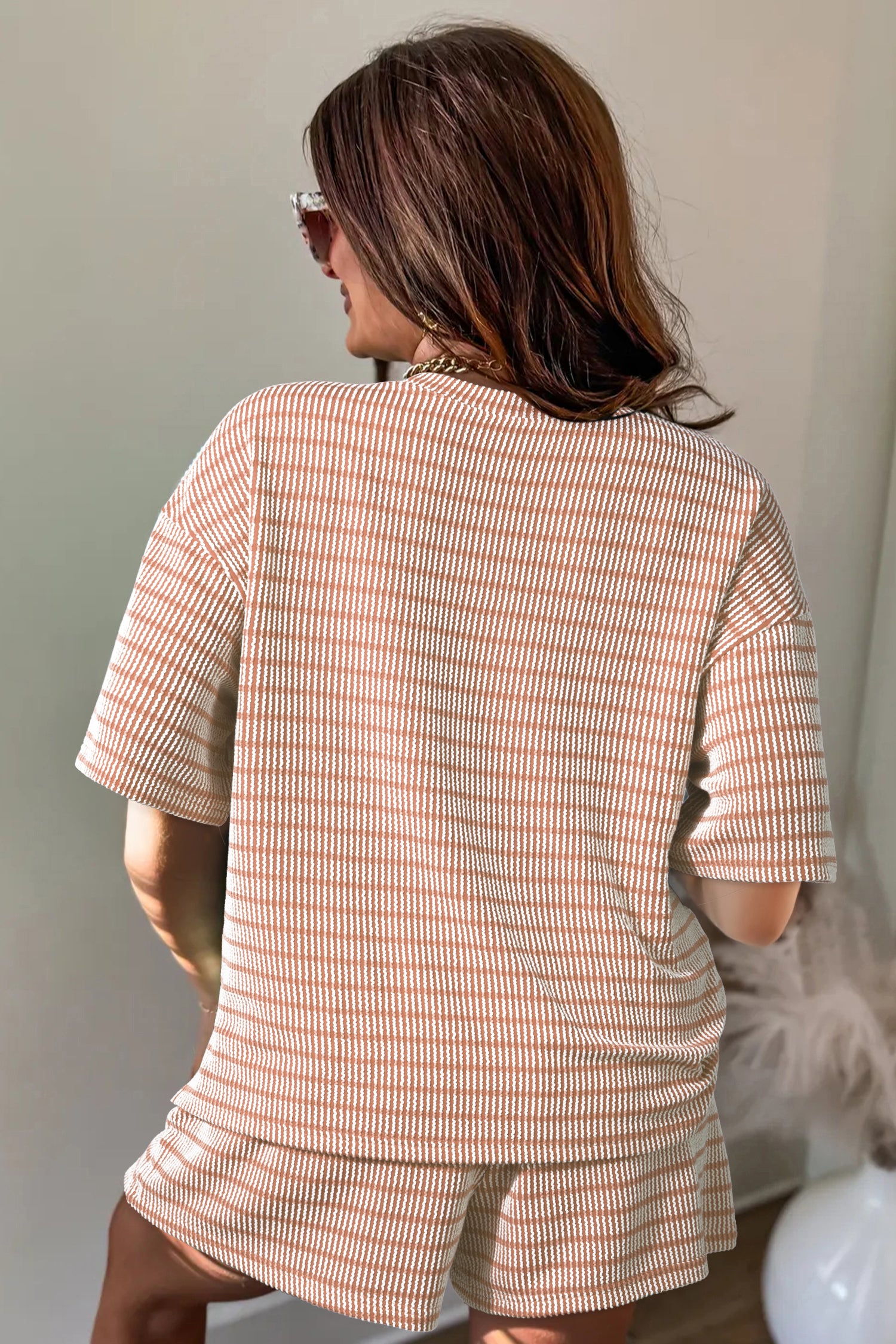 LivelyLooks Stripe Raised Rib Tee & Drawstring Shorts Set Women's S-XL women's fashion