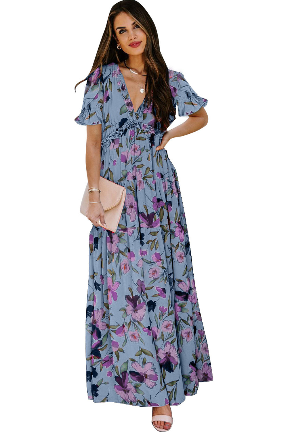 Women's Floral Print Frilled V-Neck Short Sleeve Maxi Dress Blue Black Green S-XL at LivelyLooks