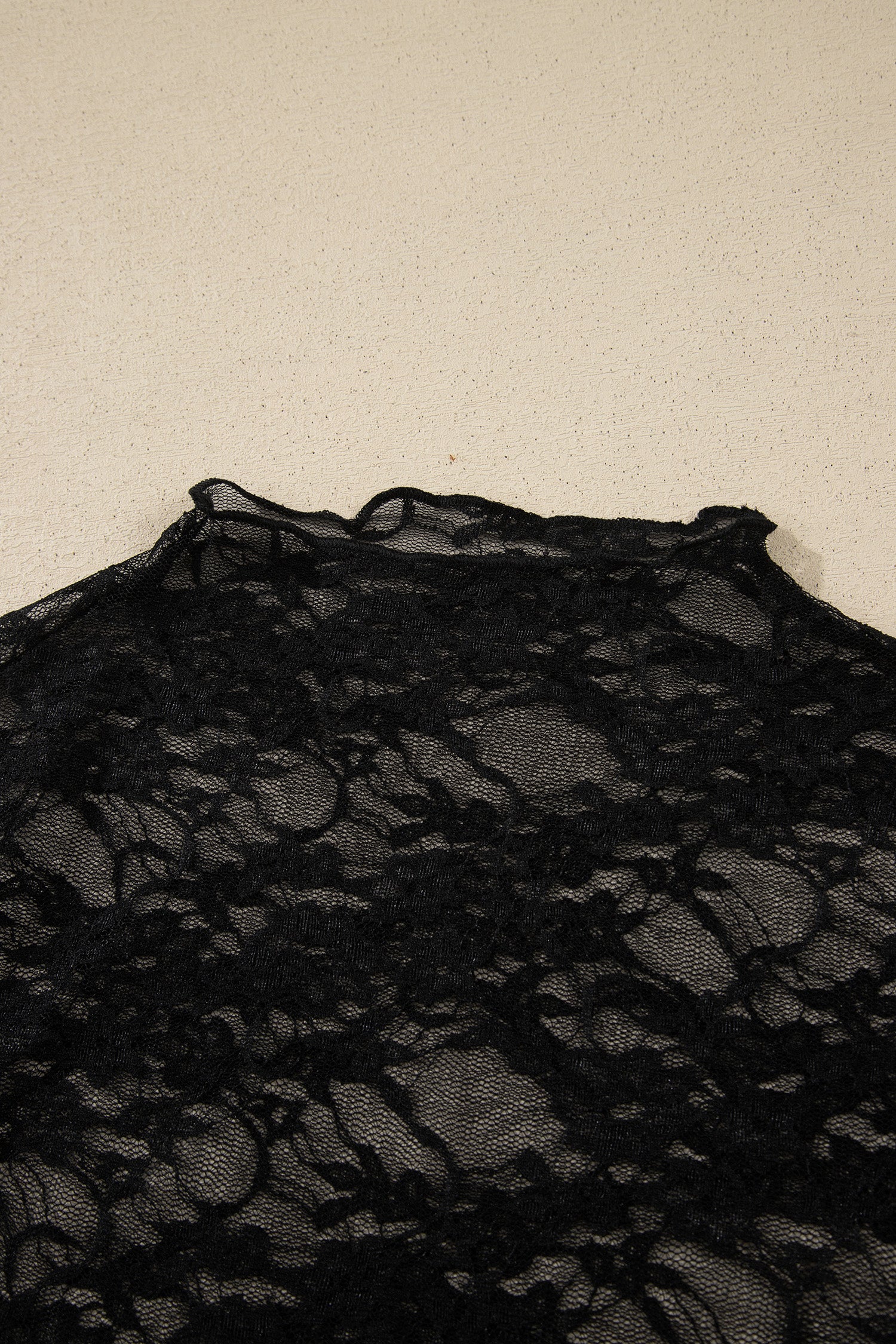 LivelyLooks Black Sheer Floral Lace Lettuce Trim Mock Neck Long Sleeve Top women's fashion