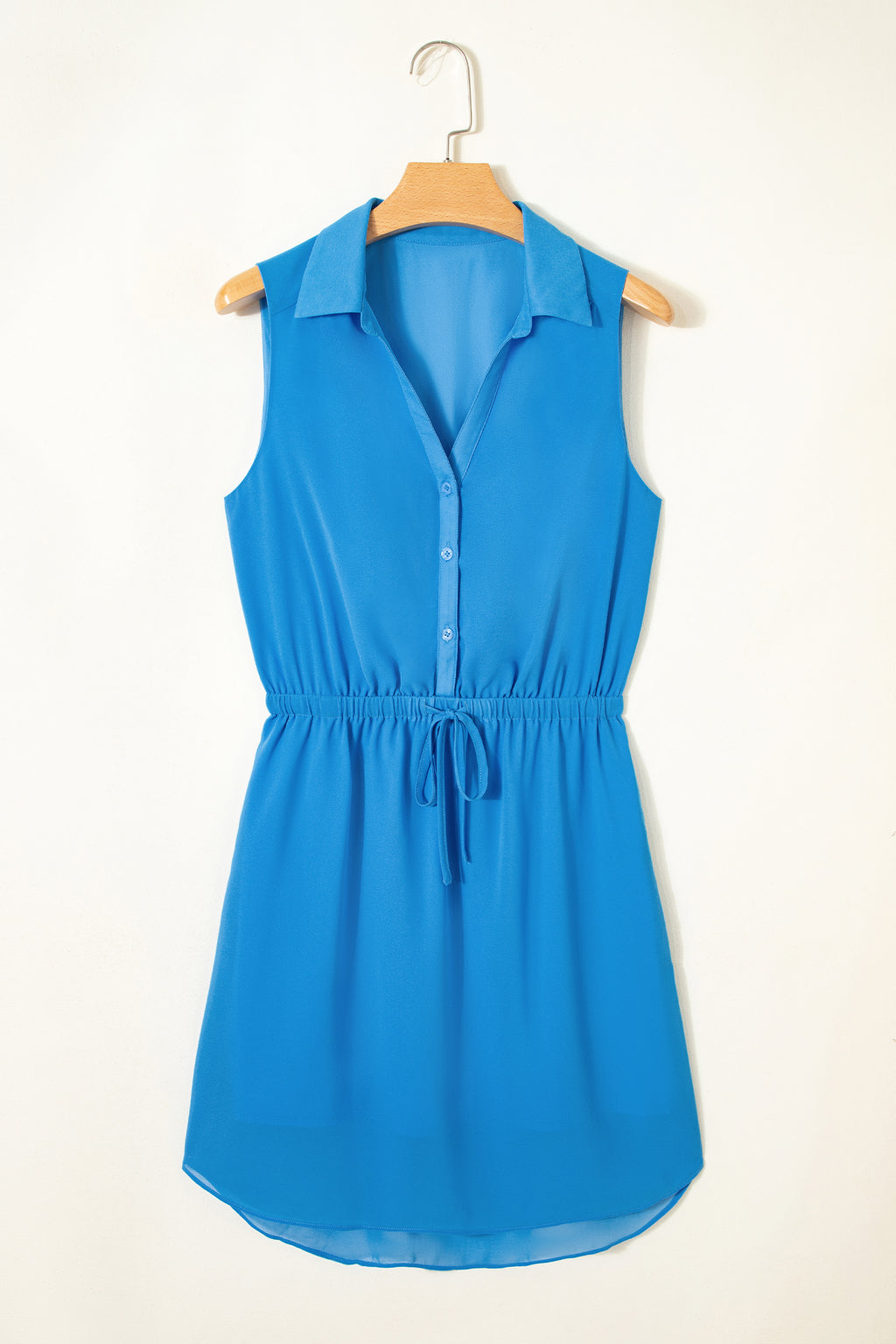 Blue Half Button Collared Elastic Waist Sleeveless Shirt Dress S-XL