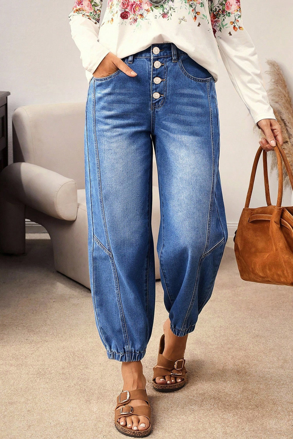 Shop Blue 4-Button Front Tapered Casual Loose Fit Jeans UK 8-20 at LivelyLooks