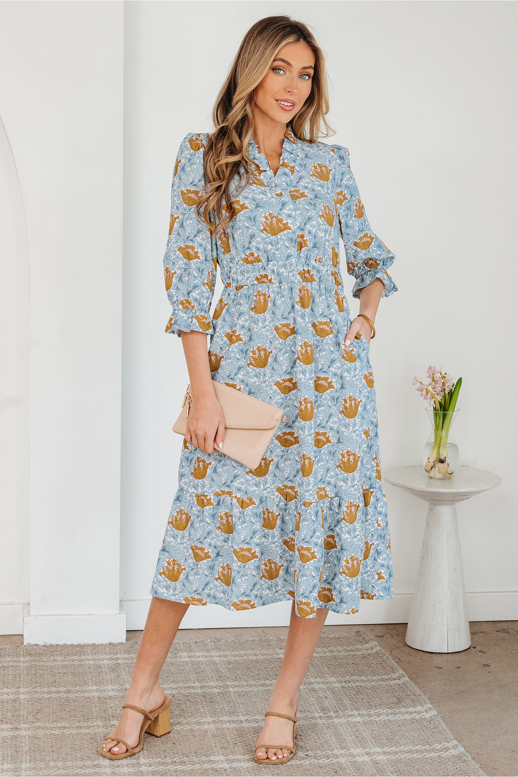 Floral Frilled V Neck Long Dress Bracelet Sleeve Brown Sky Blue Women S-XL