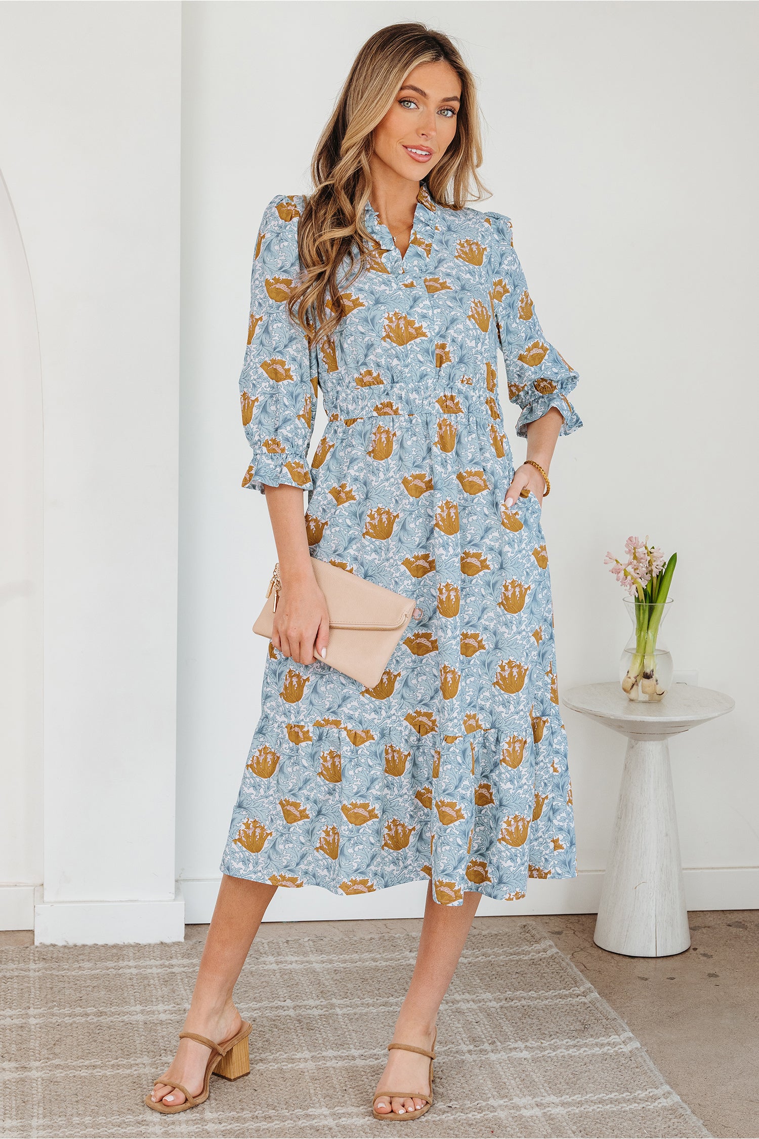 Floral Frilled V Neck Long Dress Bracelet Sleeve Brown Sky Blue Women S-XL