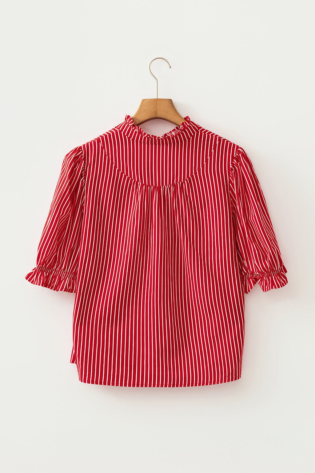 Red Stripe Ruffled Blouse Short Puff Sleeve Button Front Gathered Collar S-XL