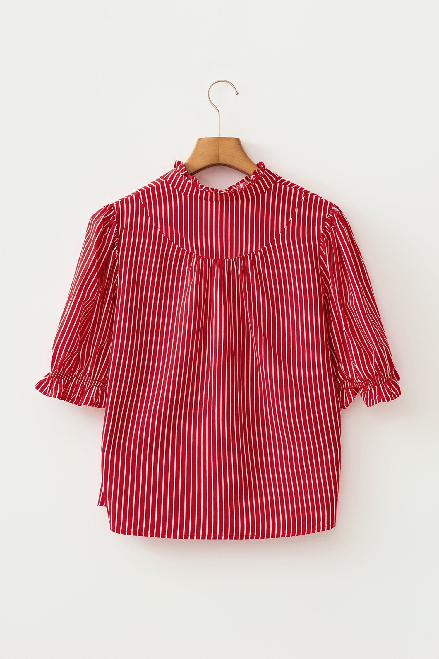 Red Stripe Ruffled Blouse Short Puff Sleeve Button Front Gathered Collar S-XL