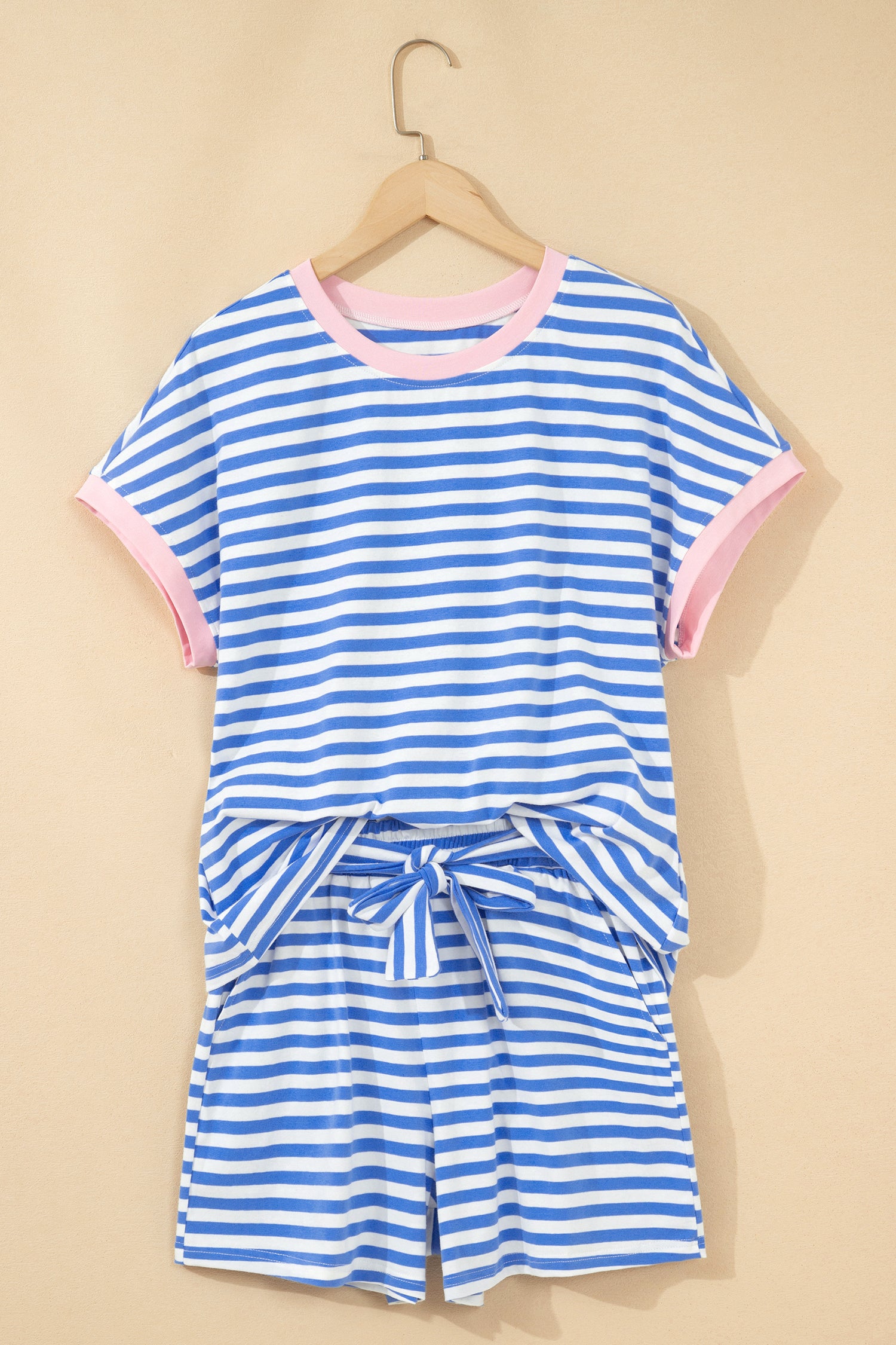 Sky Blue Stripe Contrast Trim Crew Neck Tee & Knot Shorts Co-ord Set