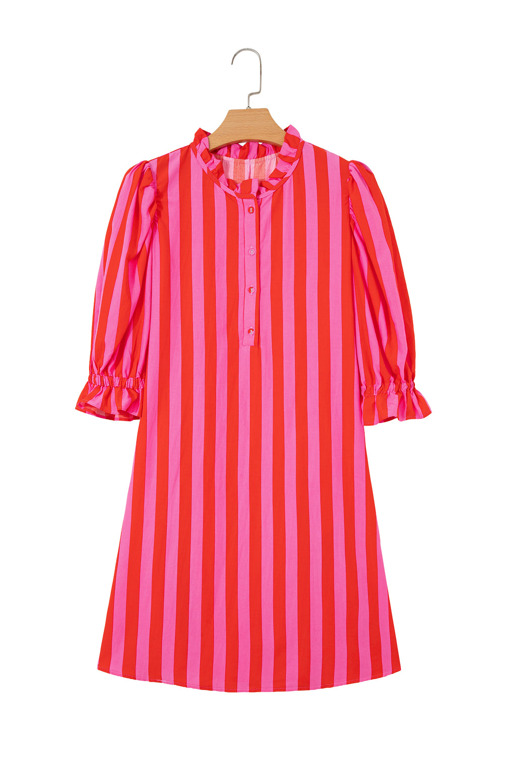 Striped Puff Sleeve Mini Dress | Half Button Loose Fit | Red & Yellow