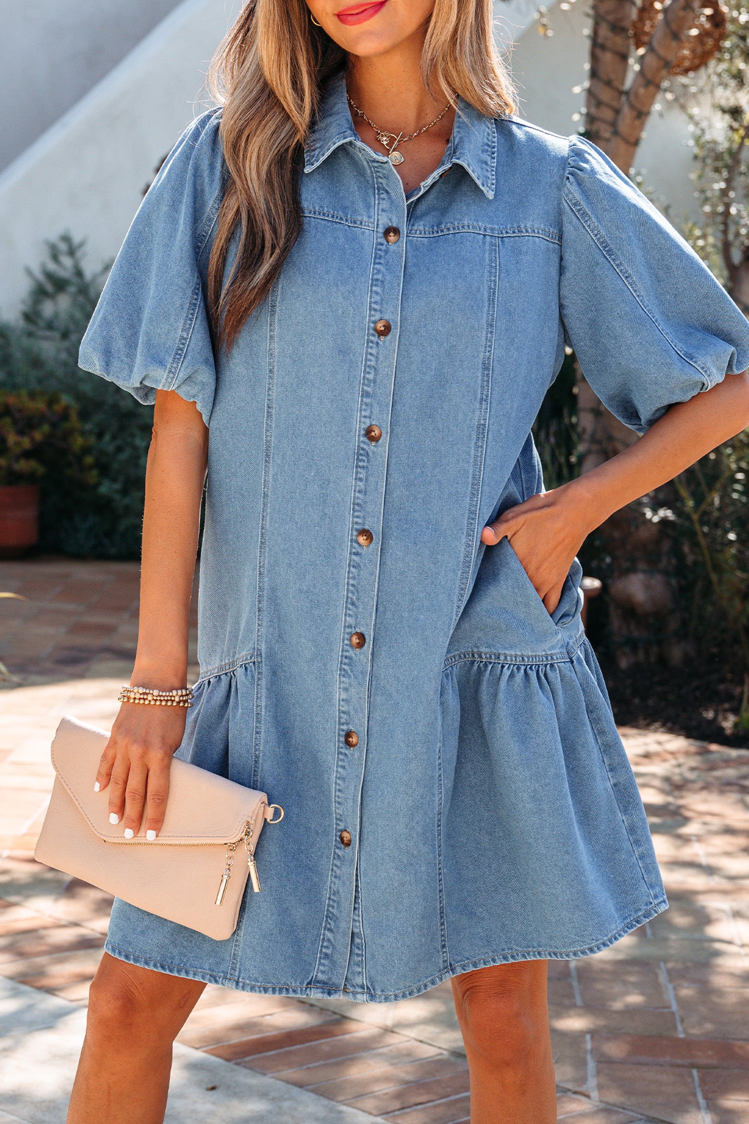Women's Blue Patchwork Denim Mini Dress Button Down Puff Sleeve Ruffle Hem at LivelyLooks