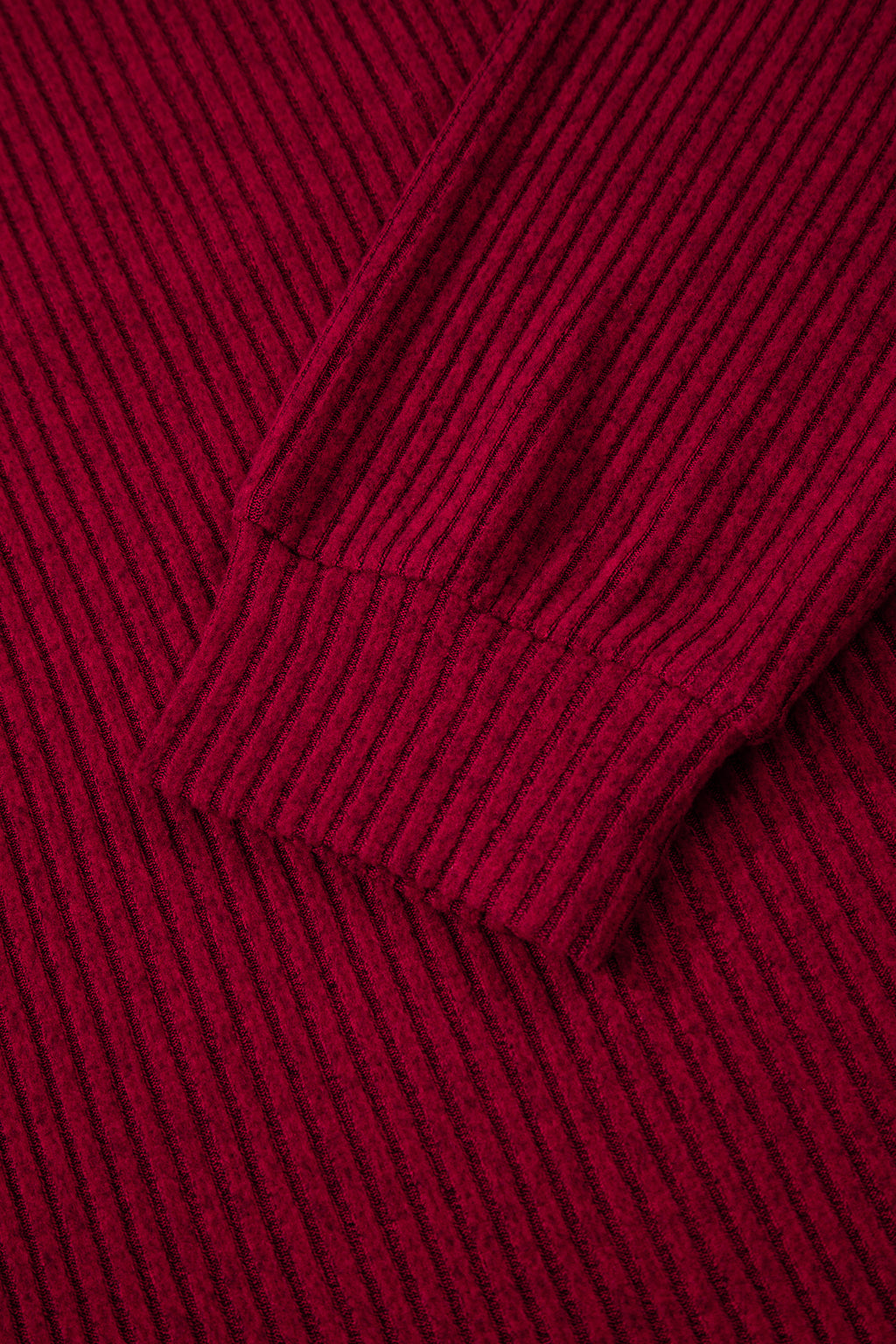 Ribbed V Neck Bow Back Drop Shoulder Long Sleeve Top | Red & Taupe