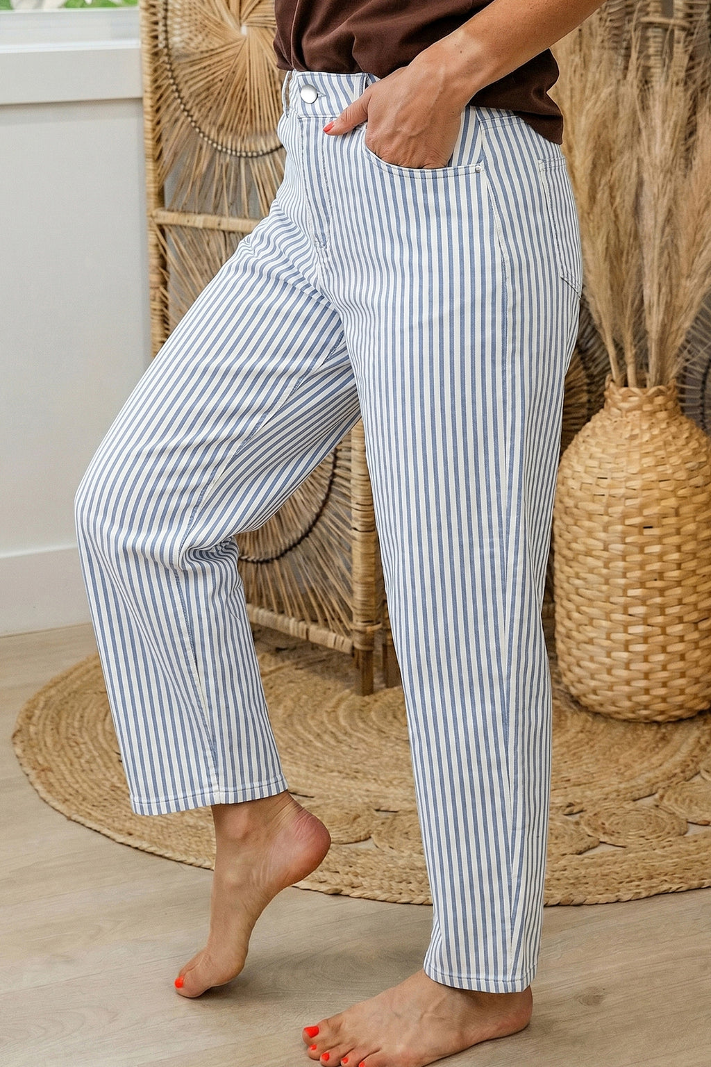 Shop Stripe Casual Barrel Leg Jeans UK 8-20 at LivelyLooks