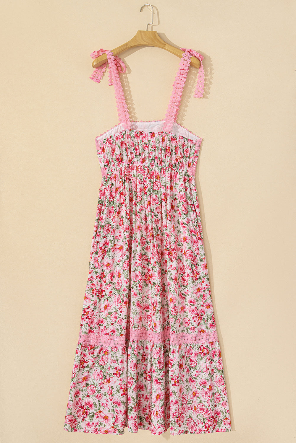 LivelyLooks Floral Lace Tied Strap Empire Waist Maxi Dress Pink & Green women's fashion