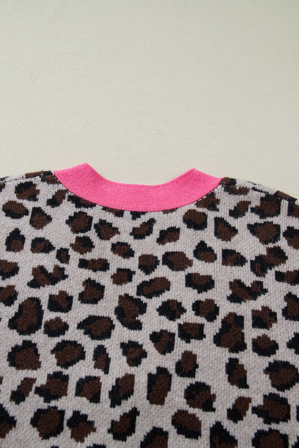 Khaki Leopard Print Colourblock Trim Button Down Oversized Cardigan