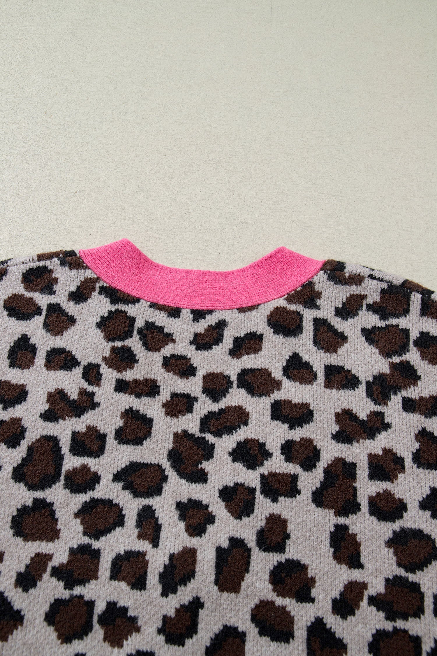 Khaki Leopard Print Colourblock Trim Button Down Oversized Cardigan