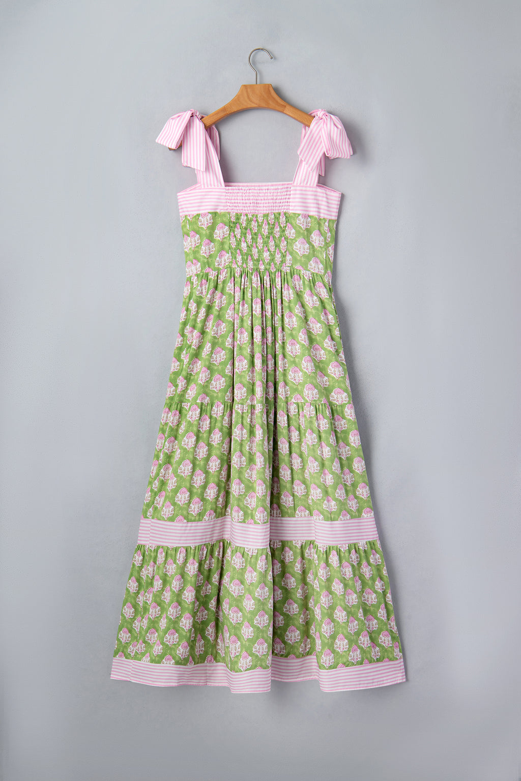 Women's Green Floral Print Striped Knot Strap Maxi Dress at LivelyLooks