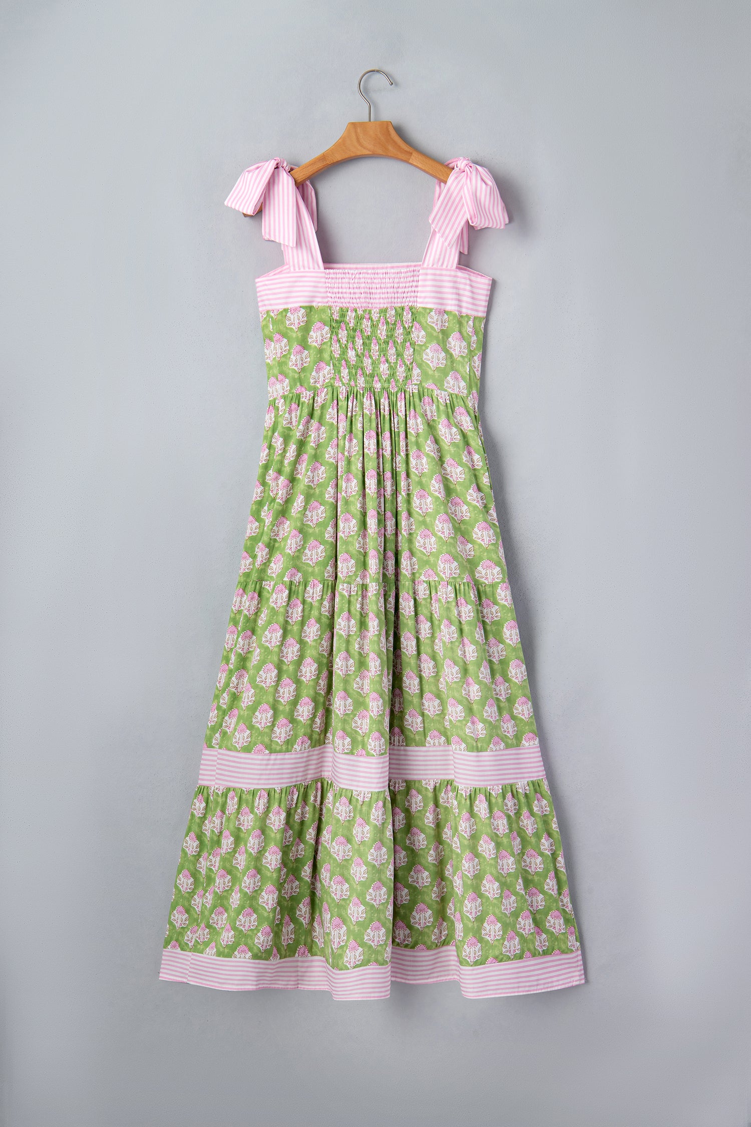 Women's Green Floral Print Striped Knot Strap Maxi Dress at LivelyLooks