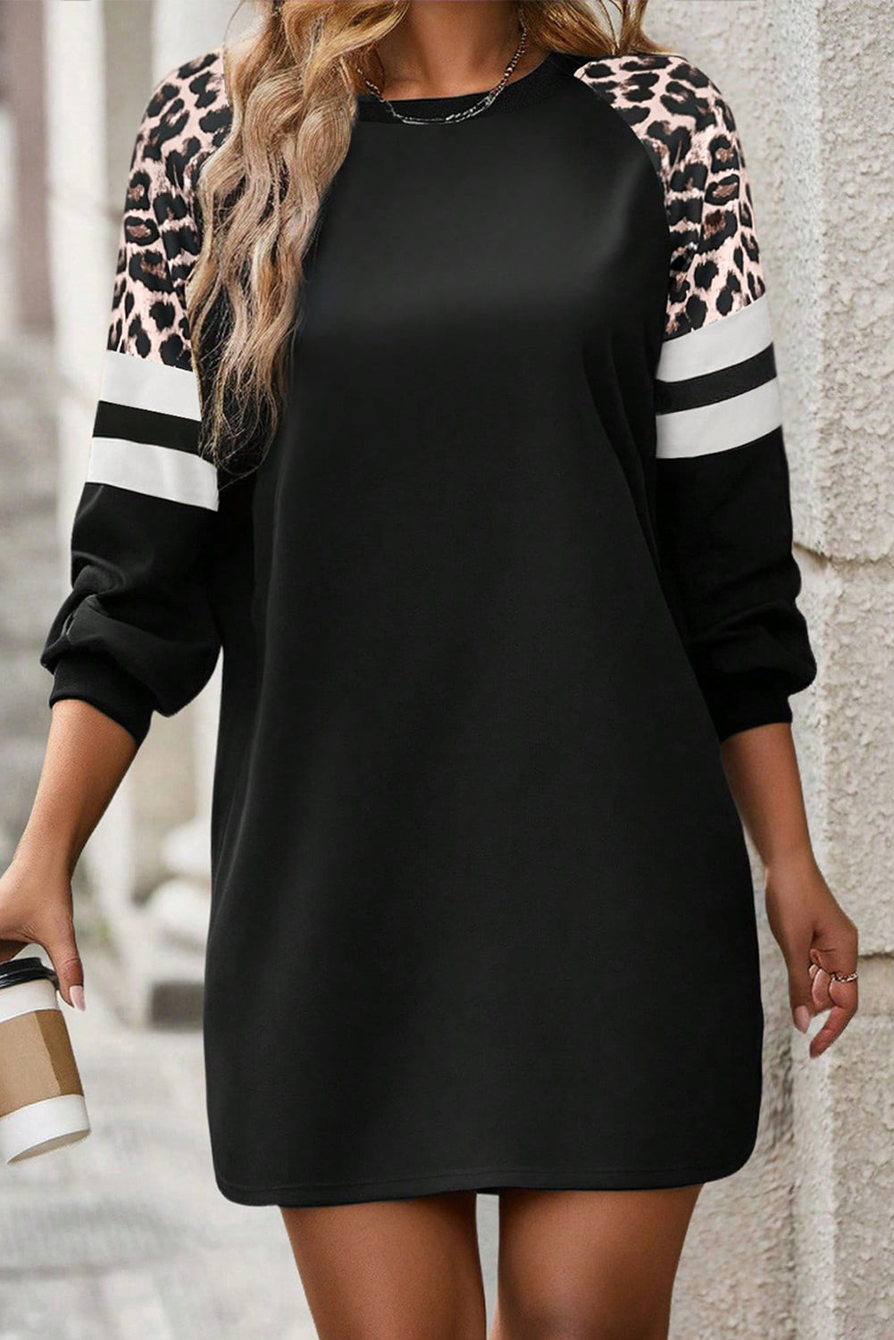 Women's Black Leopard Print Patchwork Varsity Raglan Sleeve Sweatshirt Dress at LivelyLooks