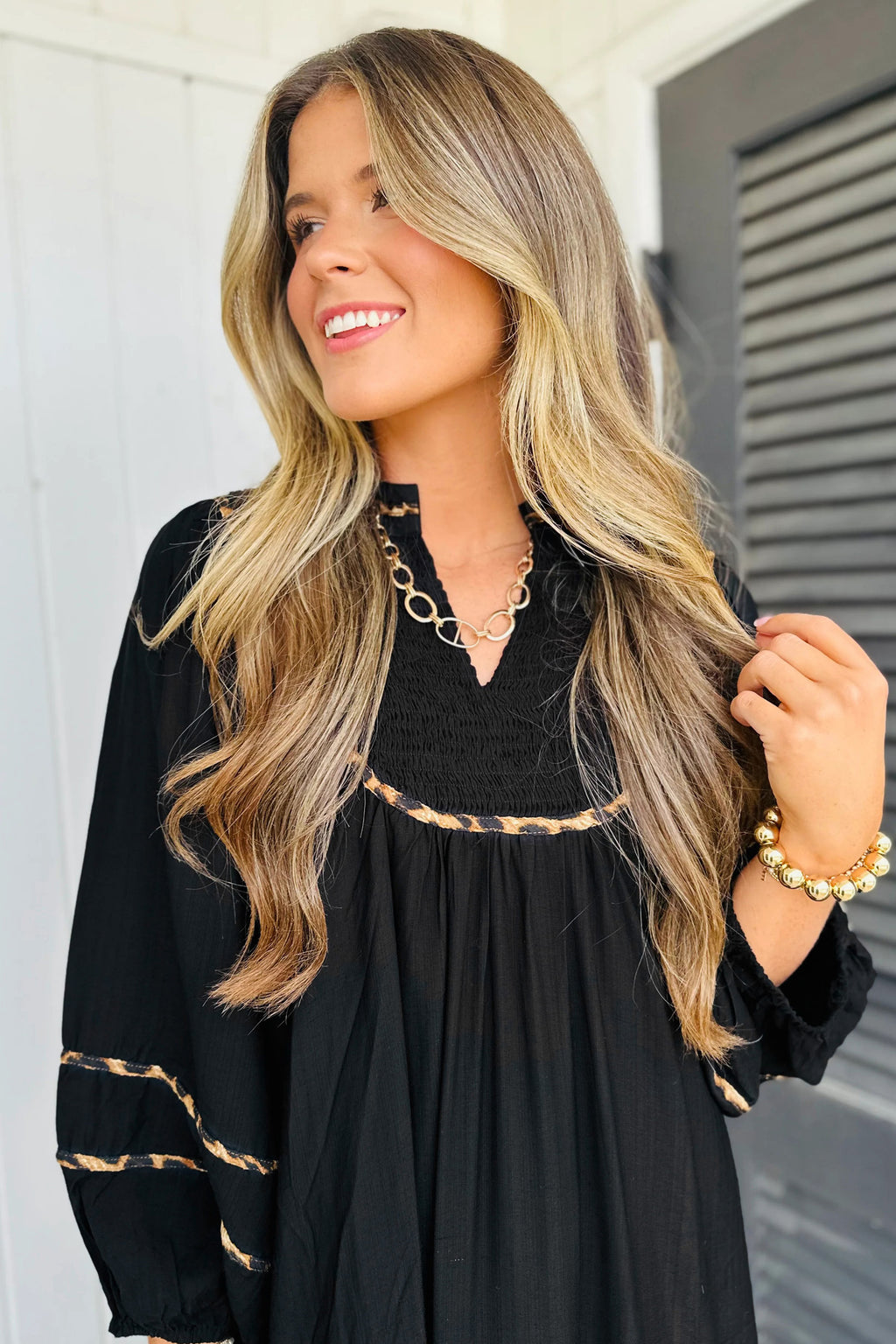 Women's Black Leopard Trim Split Neck Long Sleeve Midi Dress at LivelyLooks
