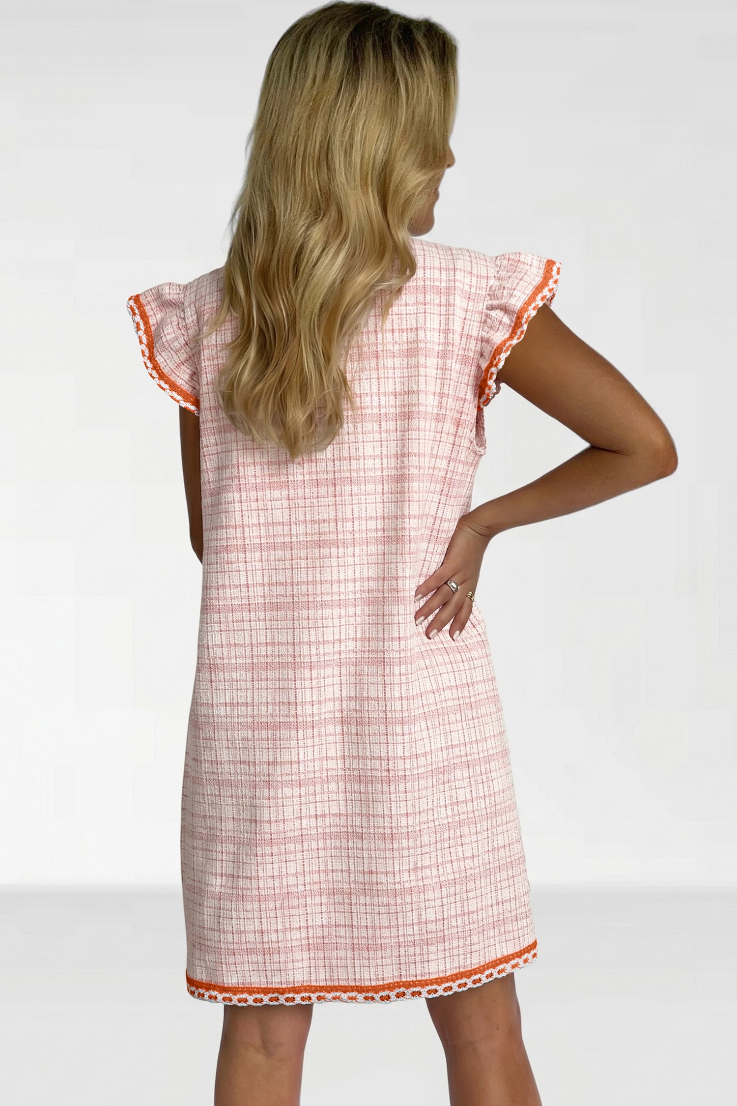 White Jacquard Textured Contrast Trim Tassel Tie Short Sleeve Shift Dress S-XL