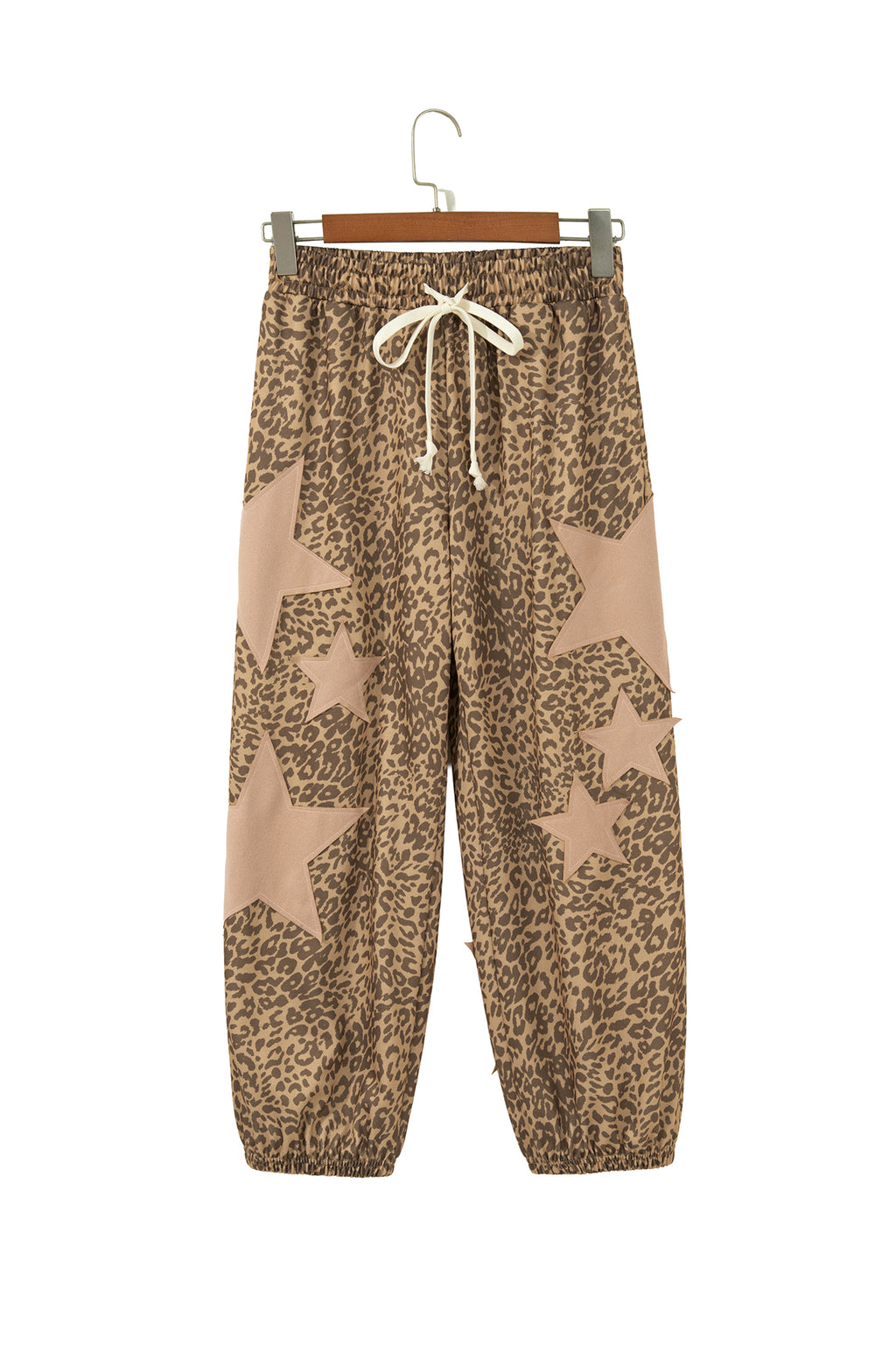 Khaki Leopard Print Jogger Pants Star Patch Drawstring Elastic Waist Women S-XL
