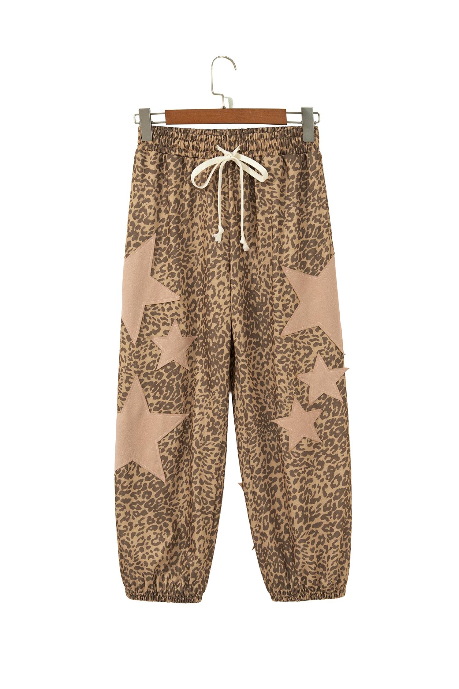 Khaki Leopard Print Jogger Pants Star Patch Drawstring Elastic Waist Women S-XL