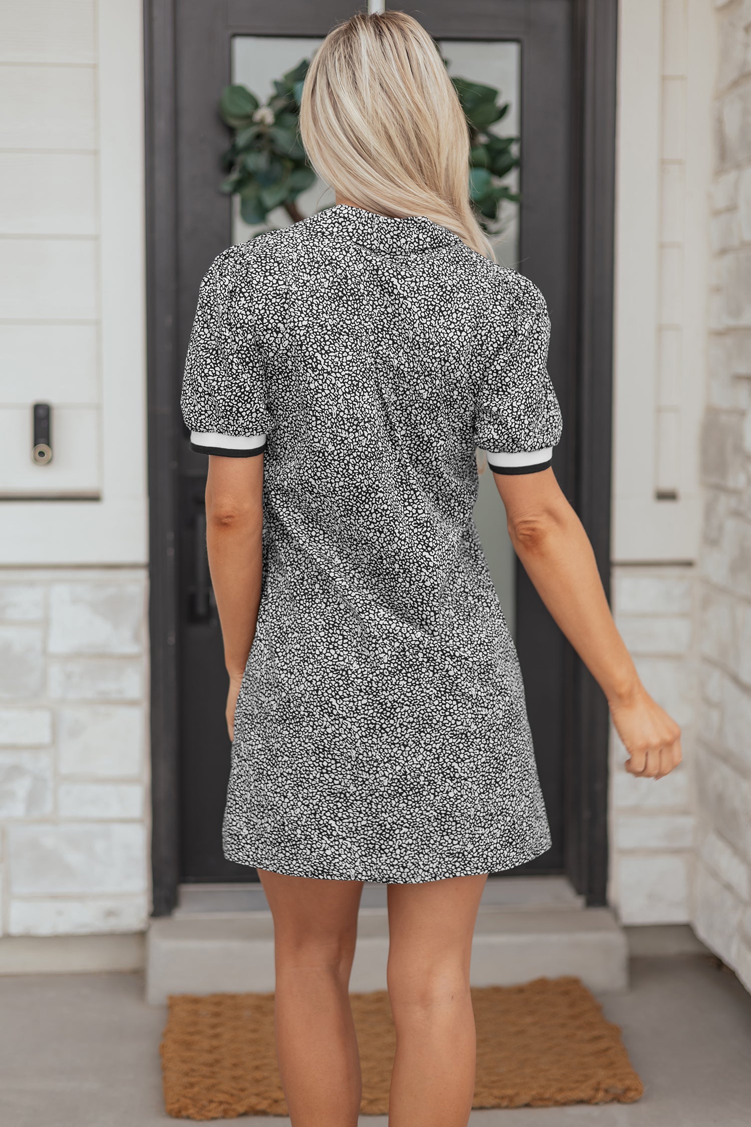 Women's Black Leopard Print Contrast Striped Trim Polo Collar Short Sleeve Dress with Pockets at LivelyLooks