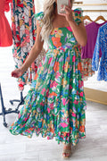 Women's Green Floral Print Sleeveless Ruffle Tiered Maxi Dress at LivelyLooks