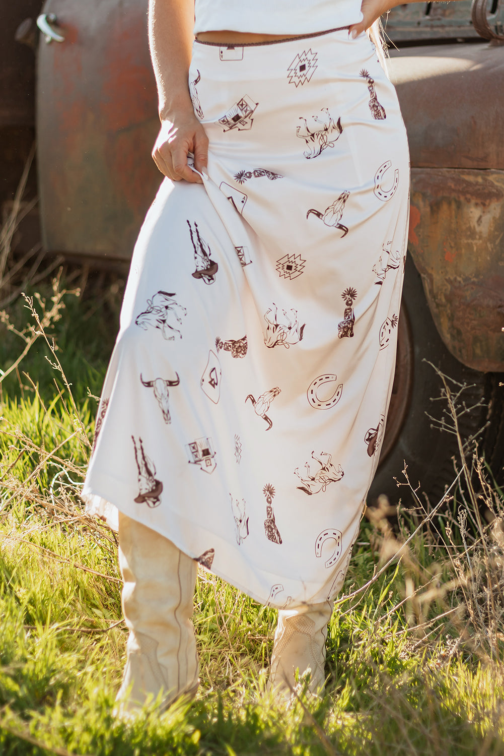 Shop Western Print Satin Long Skirt at LivelyLooks