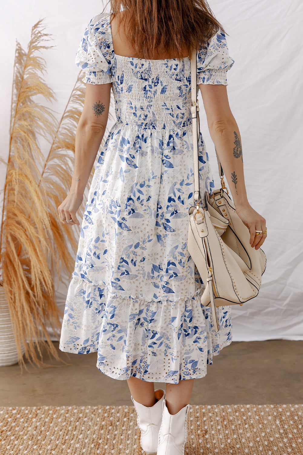 Sky Blue Floral Midi Dress Smocked Bodice Short Puff Sleeve Tiered Women S-XL