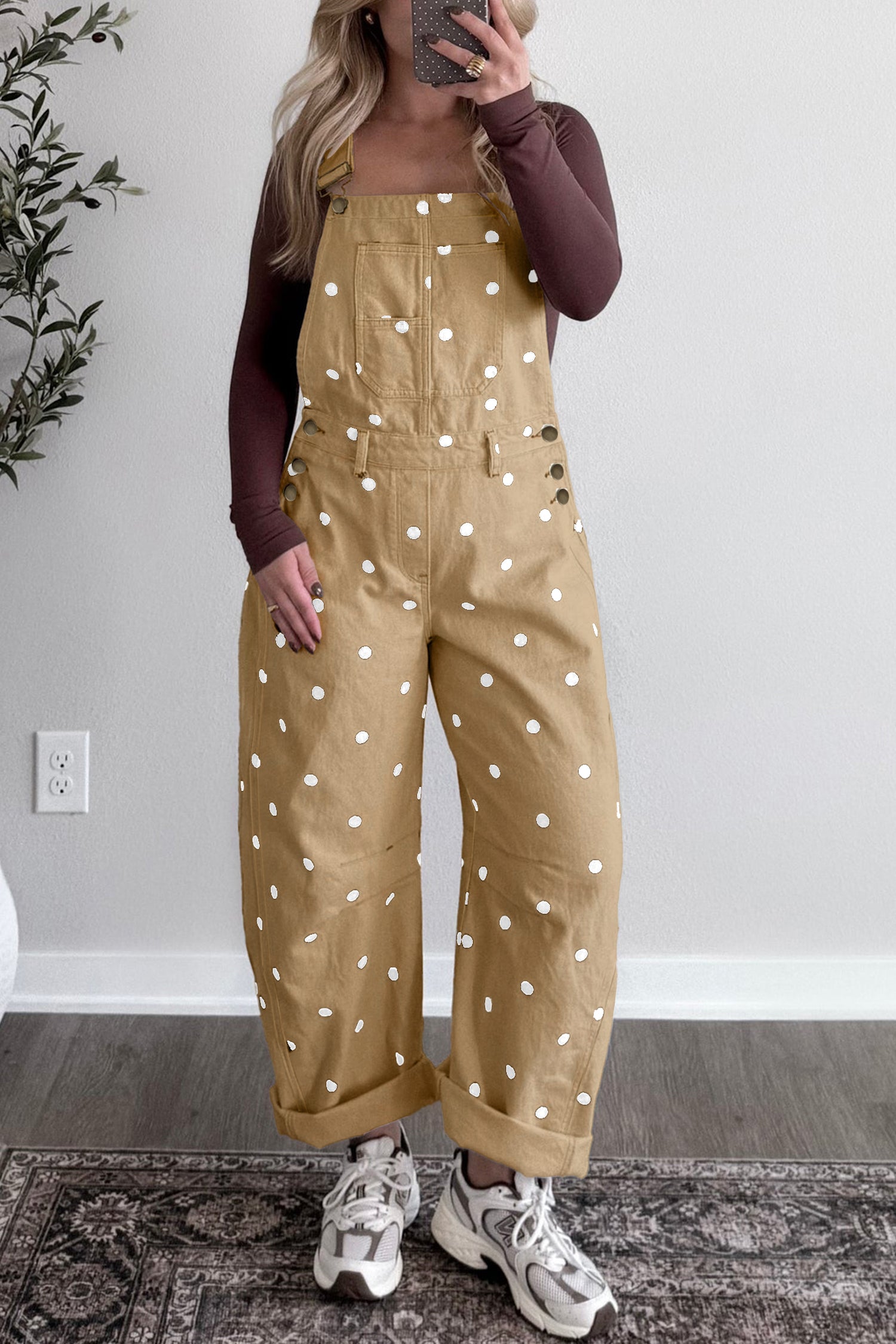 Polka Dot Denim Barrel Overalls Jumpsuit | Cream Beige Pink UK 8–22