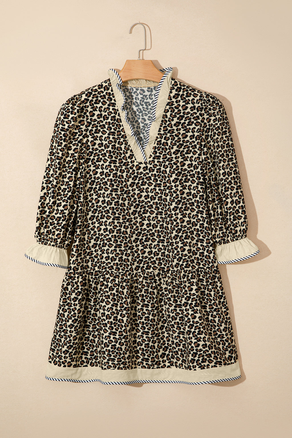 Women's Black Leopard Print Striped Color Block Trim V Neck Bracelet Sleeve Mini Dress at LivelyLooks