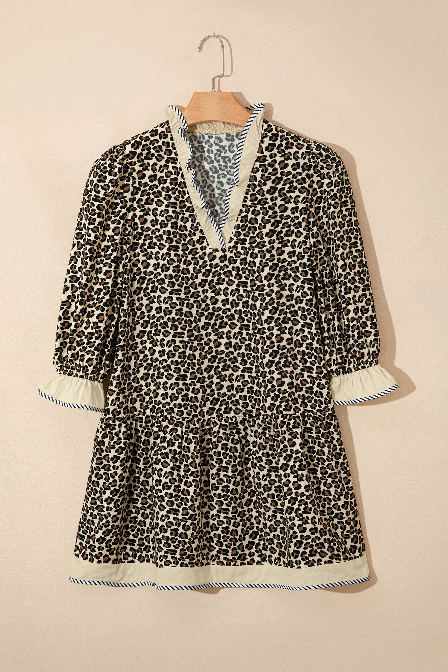 Women's Black Leopard Print Striped Color Block Trim V Neck Bracelet Sleeve Mini Dress at LivelyLooks
