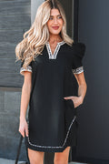Women's Black Leopard Trim Notched Neck Short Puff Sleeve Shift Mini Dress at LivelyLooks