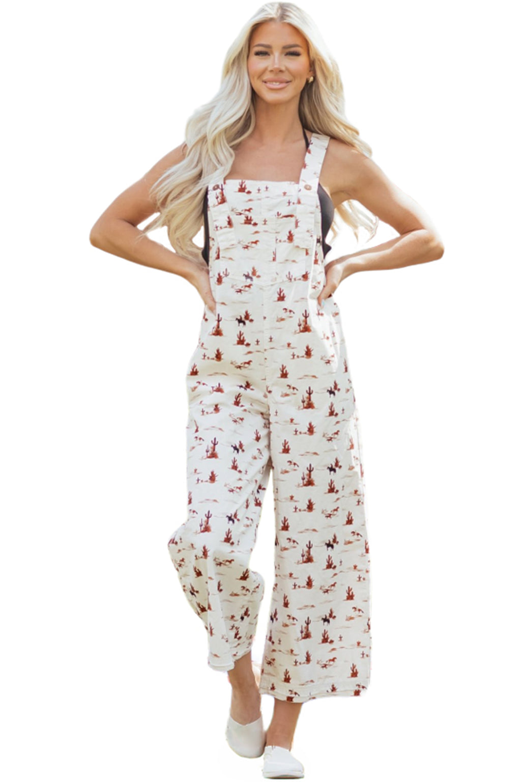 Shop Beige Western Print Adjustable Strap Loose Dungaree Jumpsuit at LivelyLooks