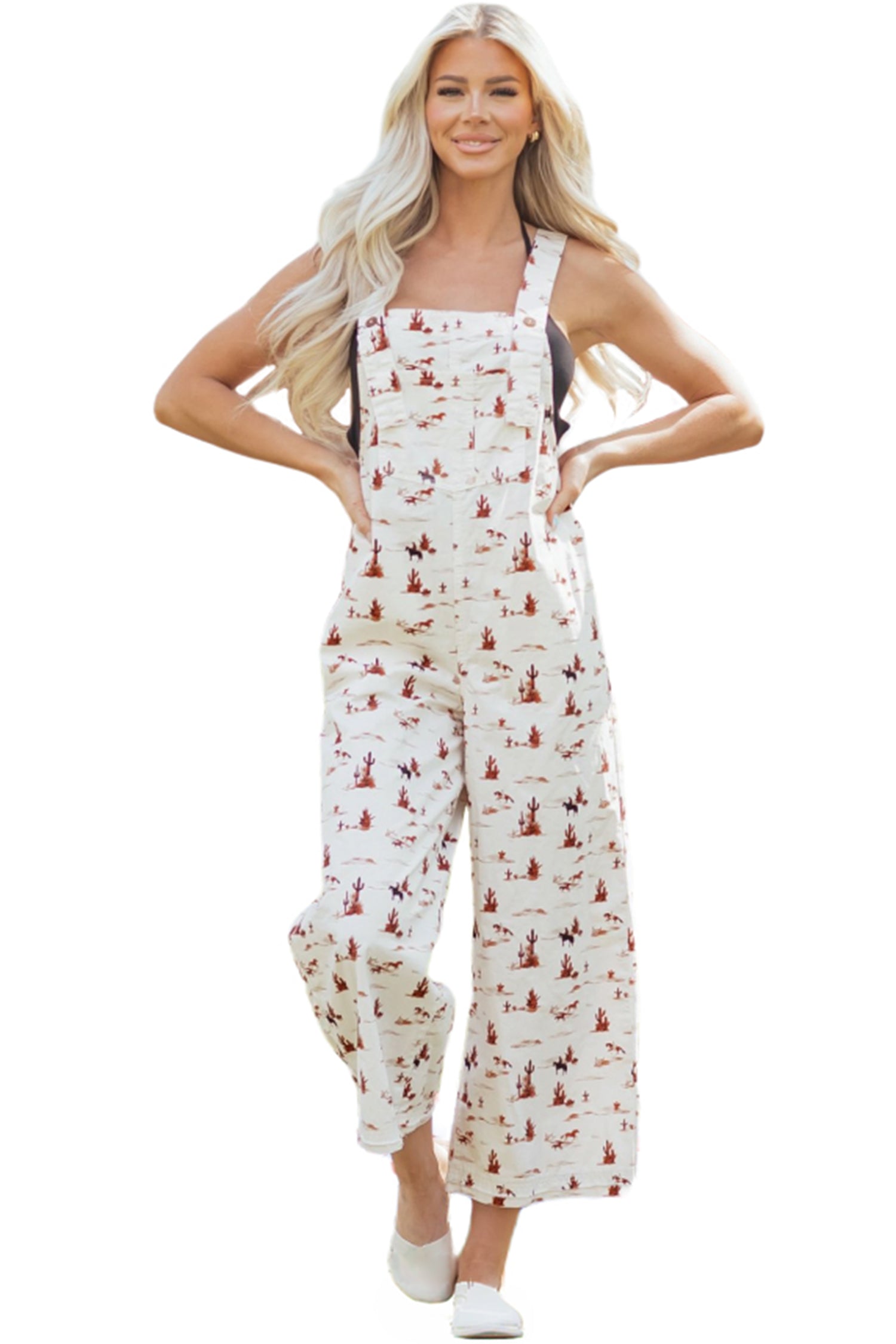 Shop Beige Western Print Adjustable Strap Loose Dungaree Jumpsuit at LivelyLooks