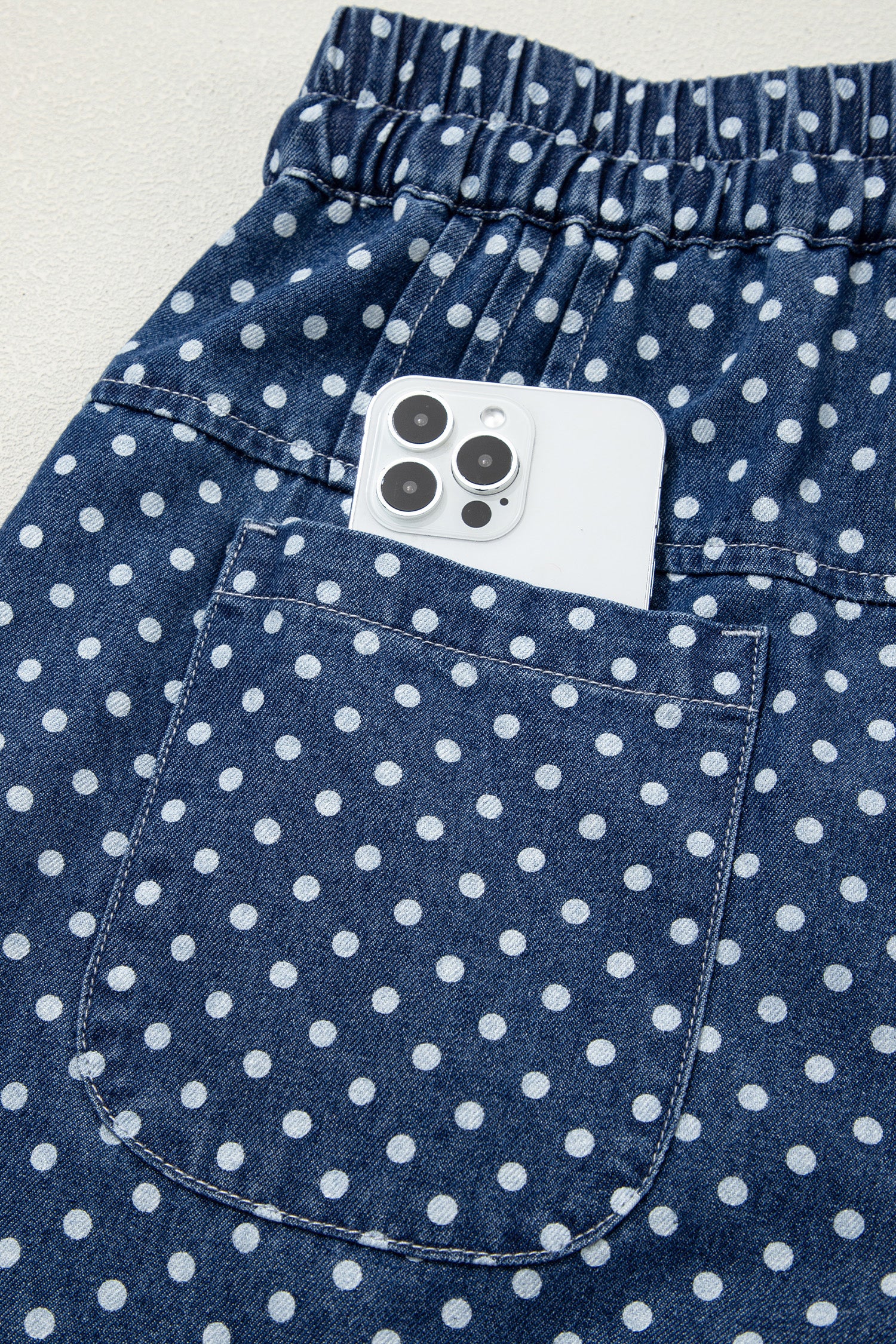 Women's Sky Blue Polka Dot Wide Leg Jeans High Waist Drawstring Button Detail at LivelyLooks