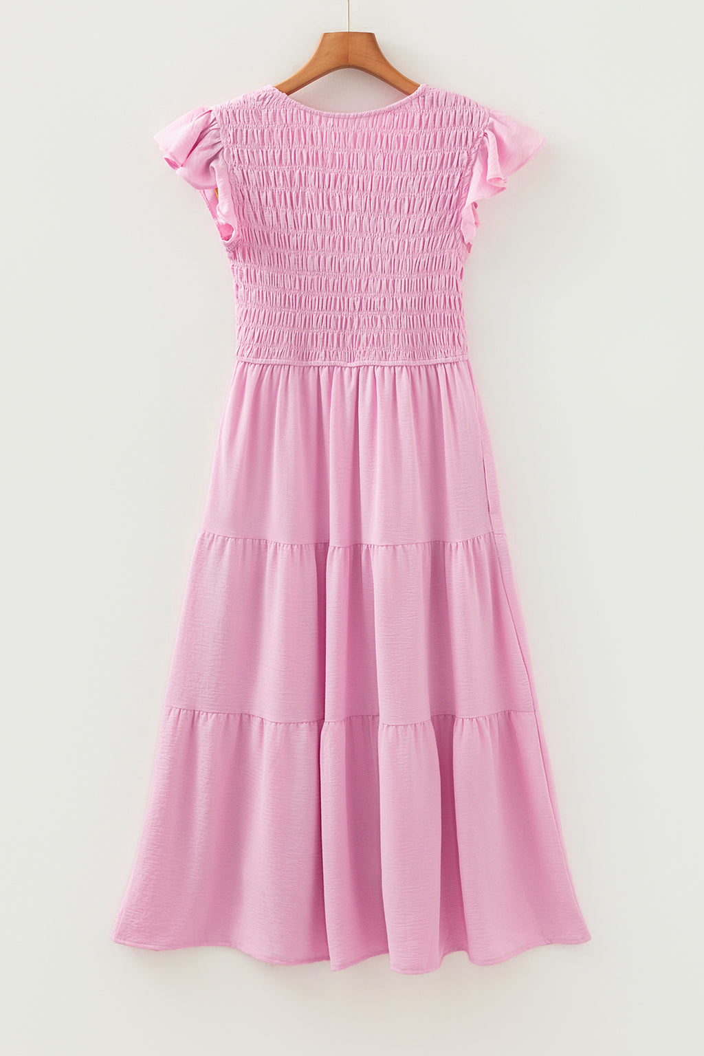 Women's Pink Smocked Bodice Flutter Sleeve Fit & Flare Tiered Midi Dress at LivelyLooks