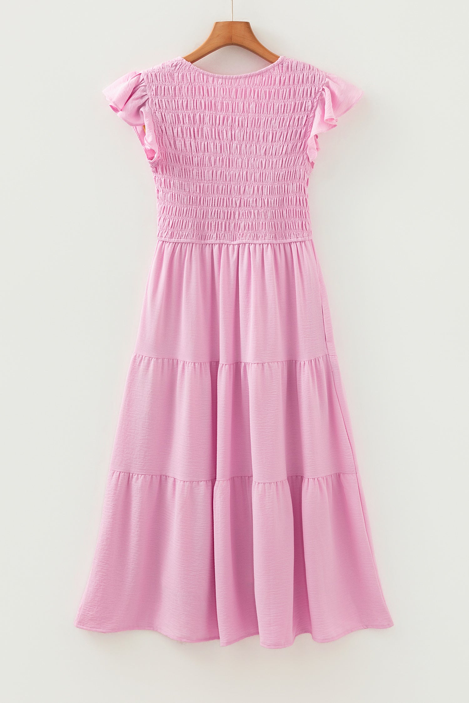 Women's Pink Smocked Bodice Flutter Sleeve Fit & Flare Tiered Midi Dress at LivelyLooks