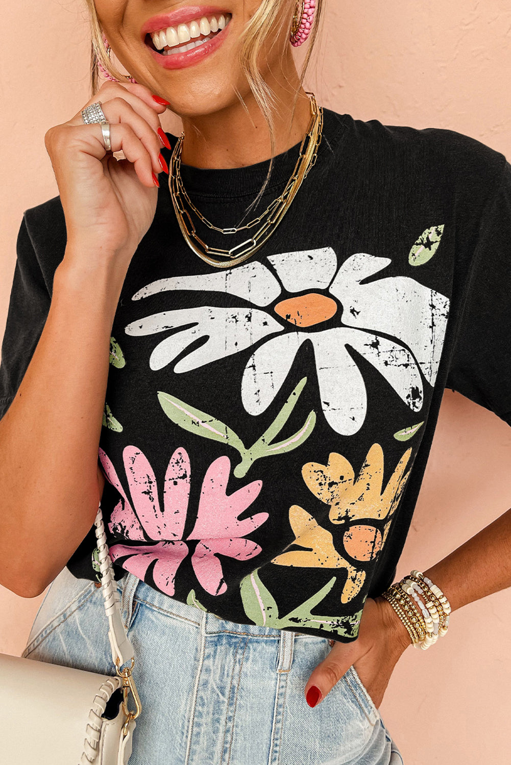 Shop Black Retro Floral Print Crew Neck Casual T-Shirt S-2XL at LivelyLooks
