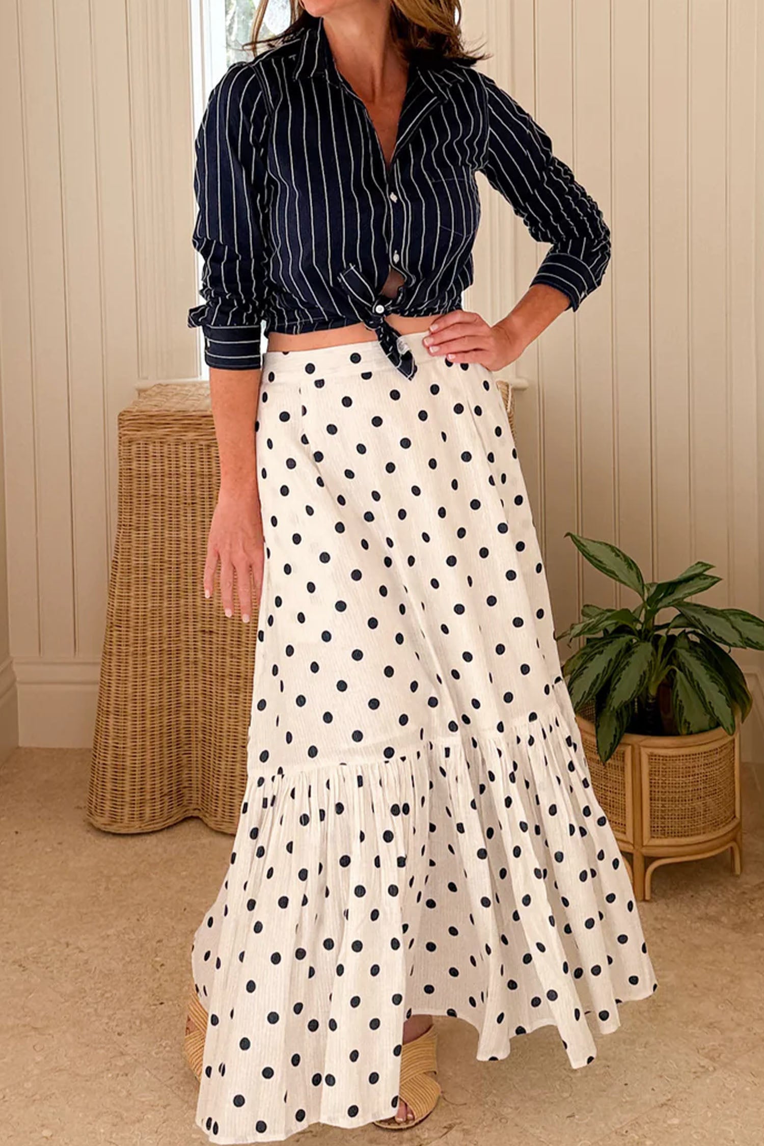 White Polka Dot Ruffle Split Hem Maxi Skirt with Pockets