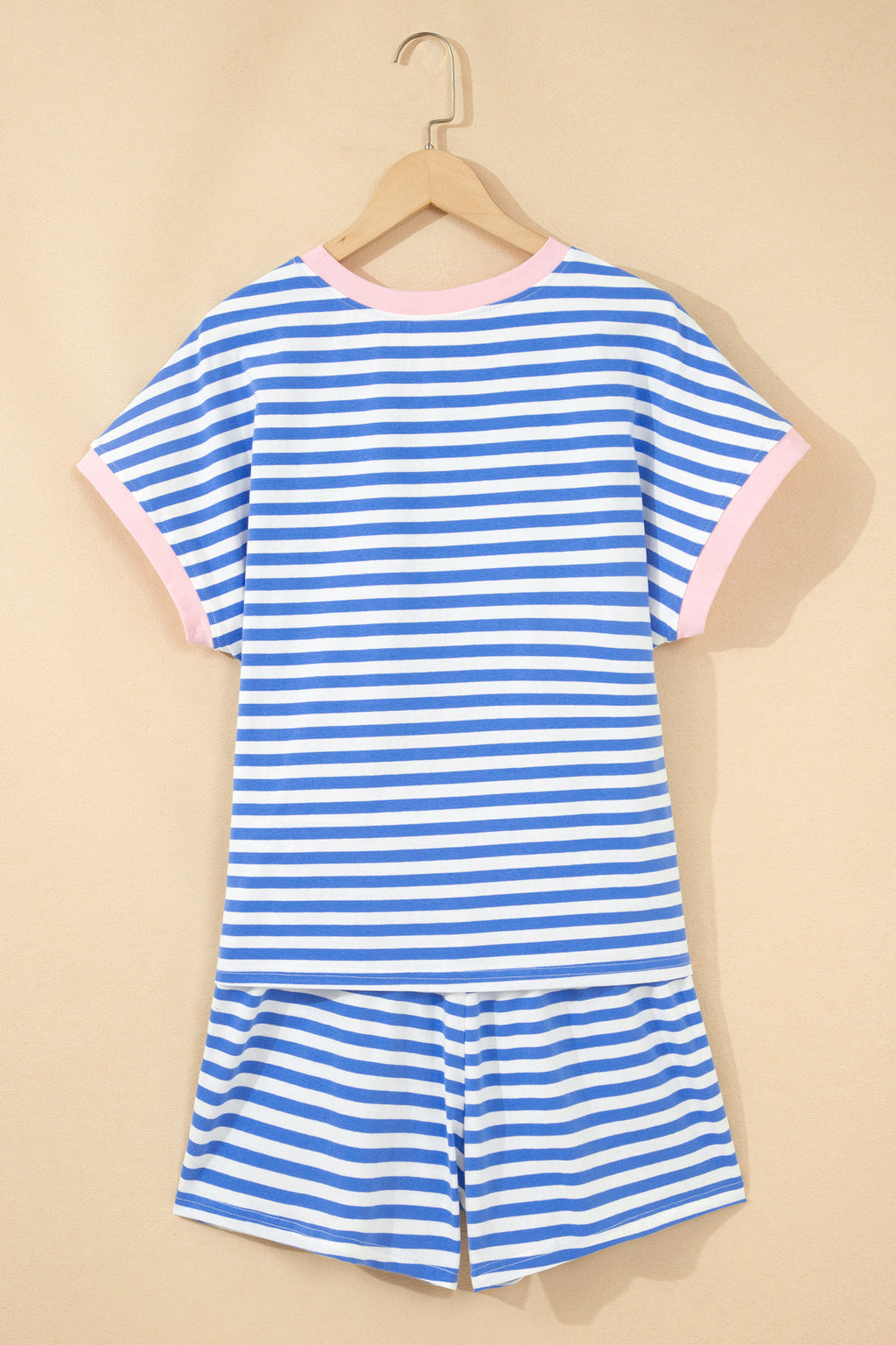 Sky Blue Stripe Contrast Trim Crew Neck Tee & Knot Shorts Co-ord Set