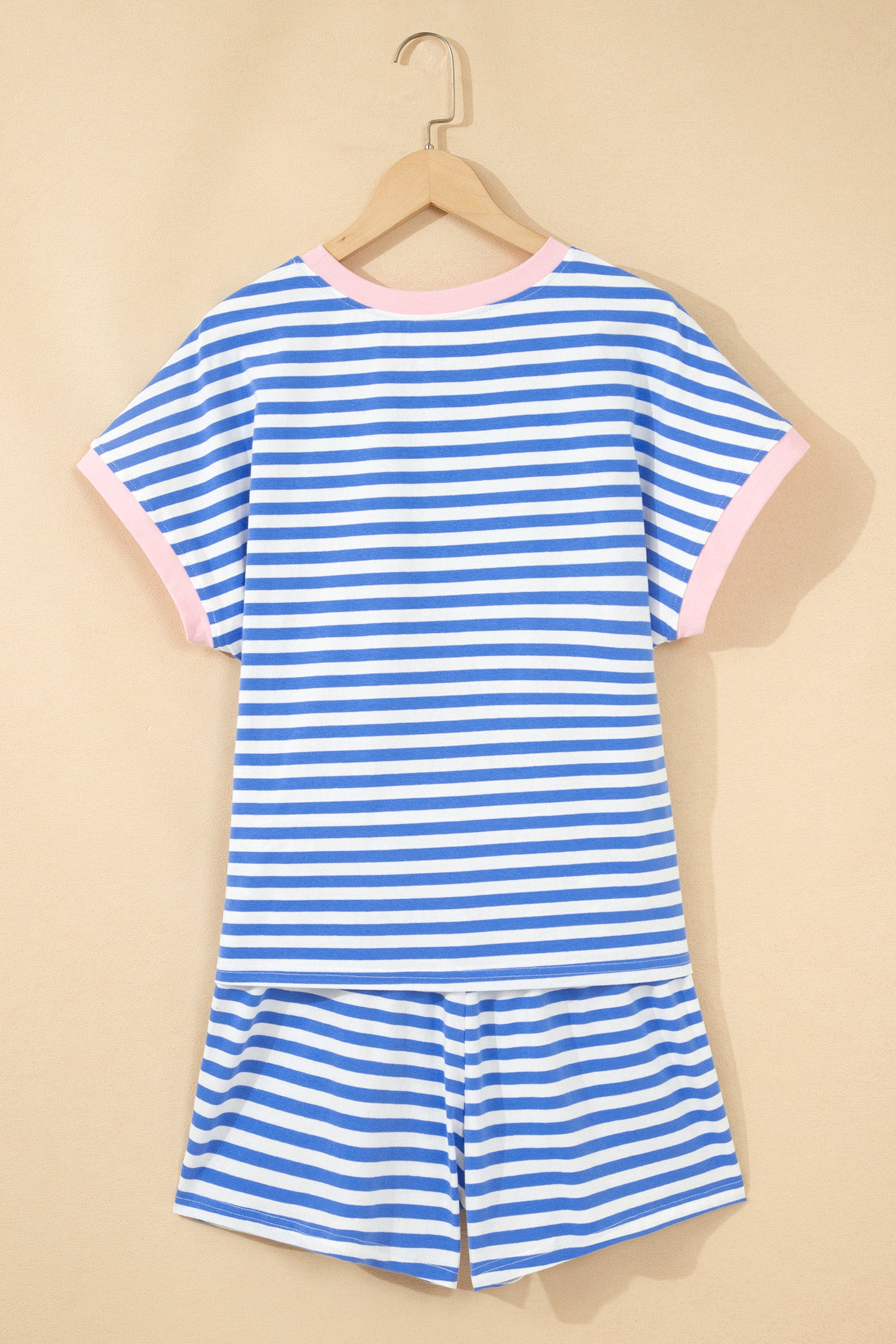 Sky Blue Stripe Contrast Trim Crew Neck Tee & Knot Shorts Co-ord Set
