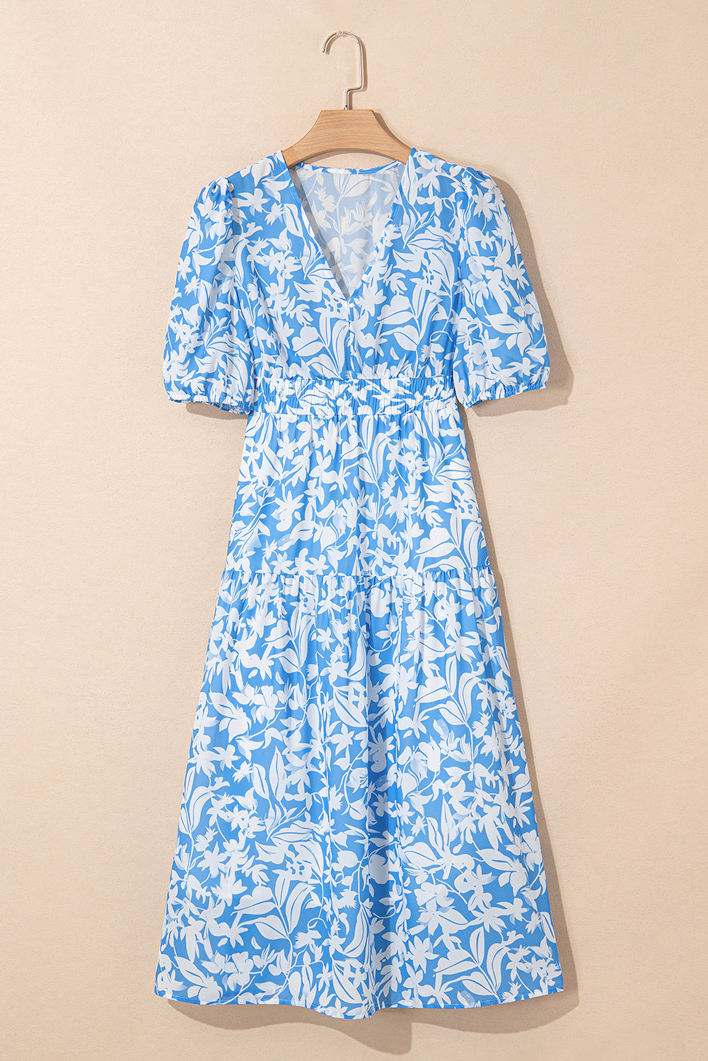 LivelyLooks Blue Floral V-Neck Puff Sleeve Fit & Flare Maxi Dress women's fashion