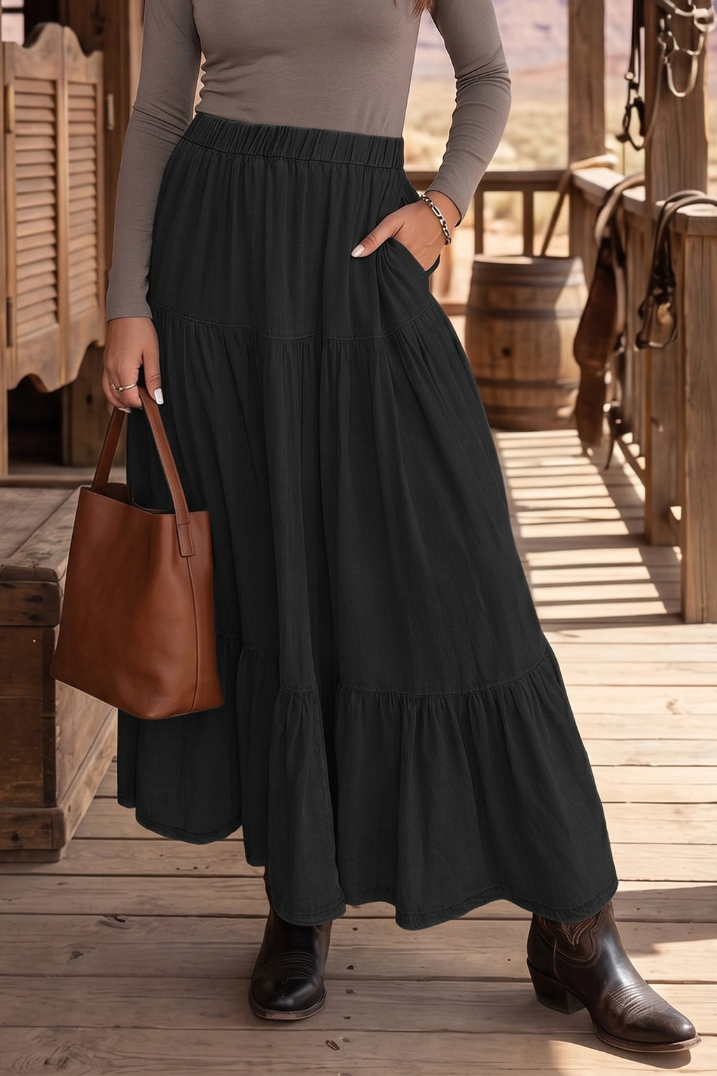 Black Elastic Waist Ruffled Tiered Flared Denim Maxi Skirt | UK 8–22