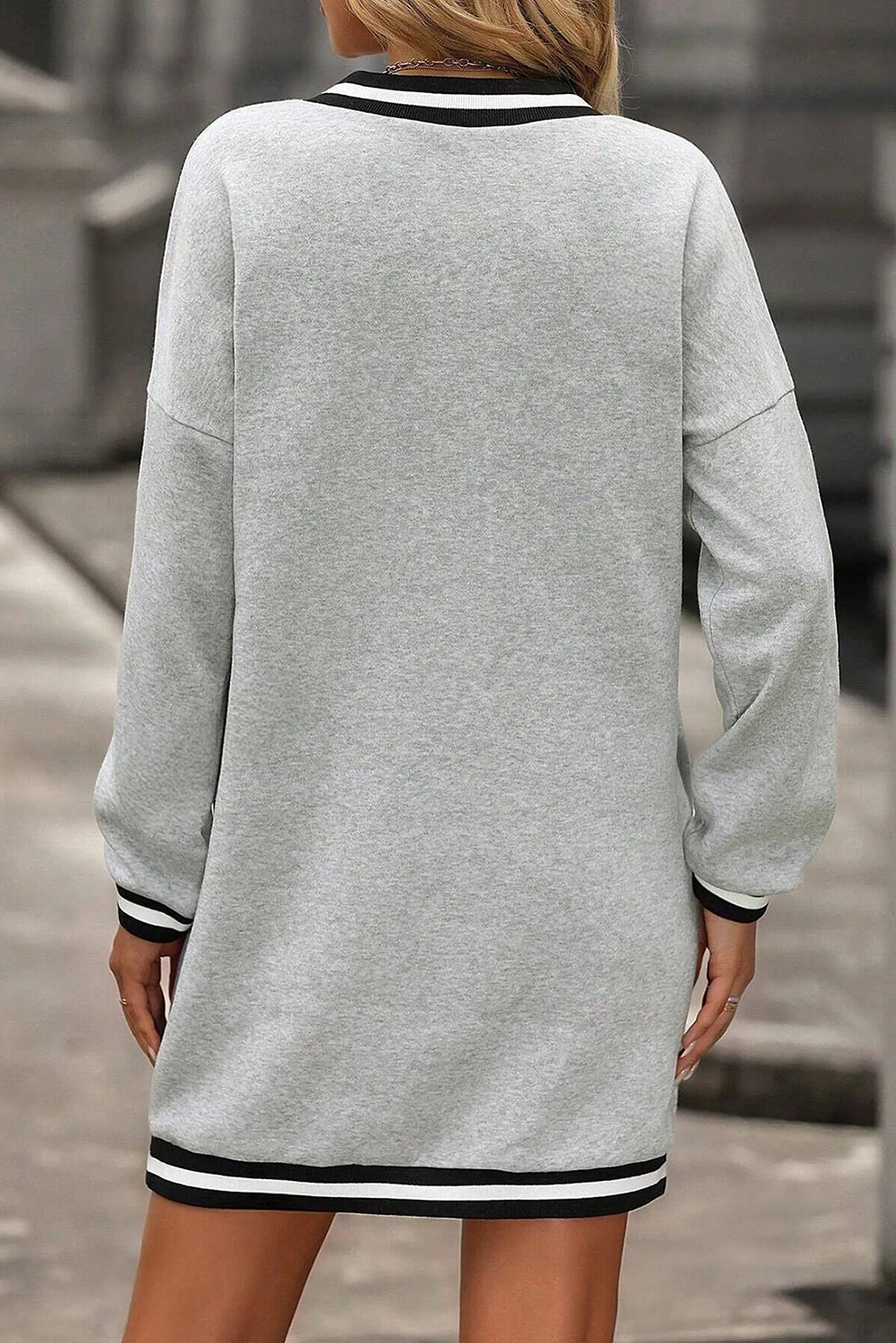 Light Grey Striped Trim V Neck Long Sleeve Preppy T-Shirt Dress S-XL
