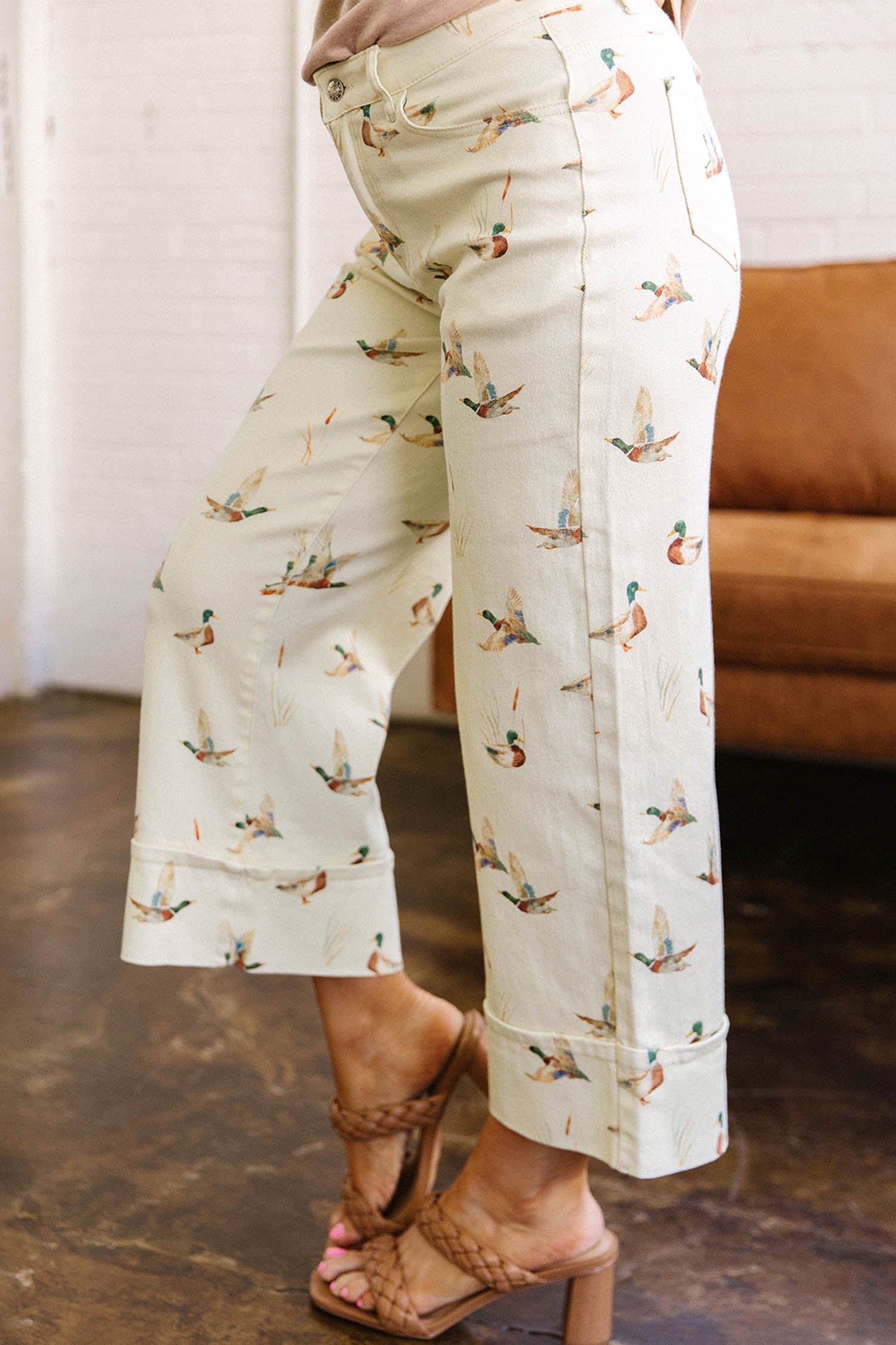 Beige Mallard Print Cuffed Hem Shift Jeans Pockets Elastic UK 4-16